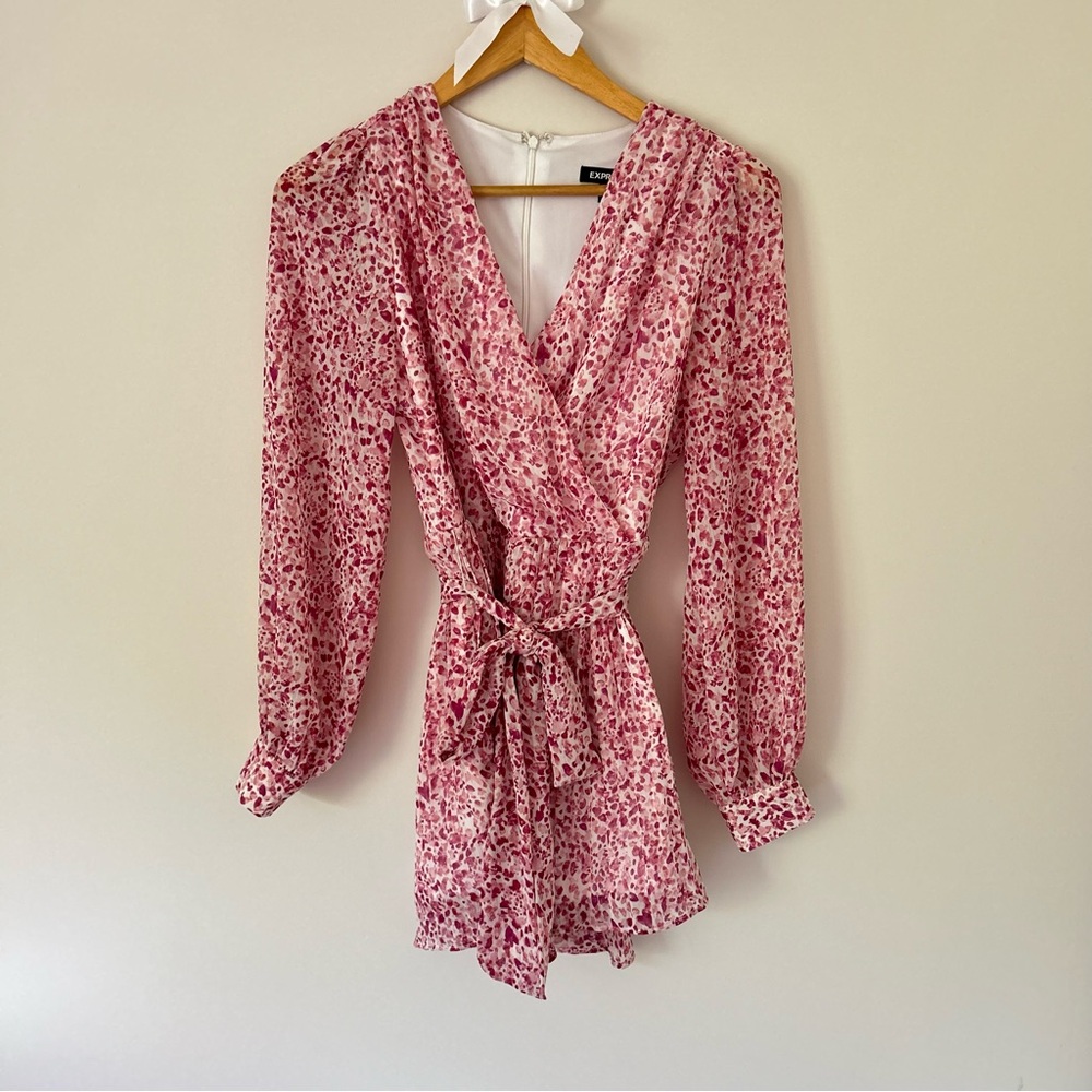 Express Pink Long Sleeve Abstract Printed Belted Romper